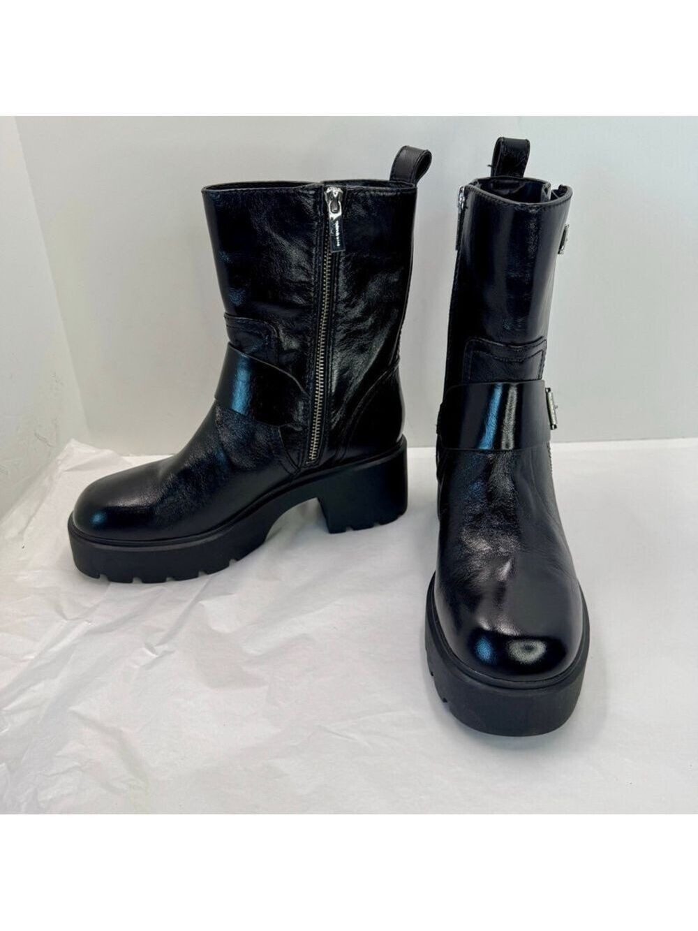 NWOB Michael Kors Perry Black Leather Buckled Platform Moto Boot Women's 7